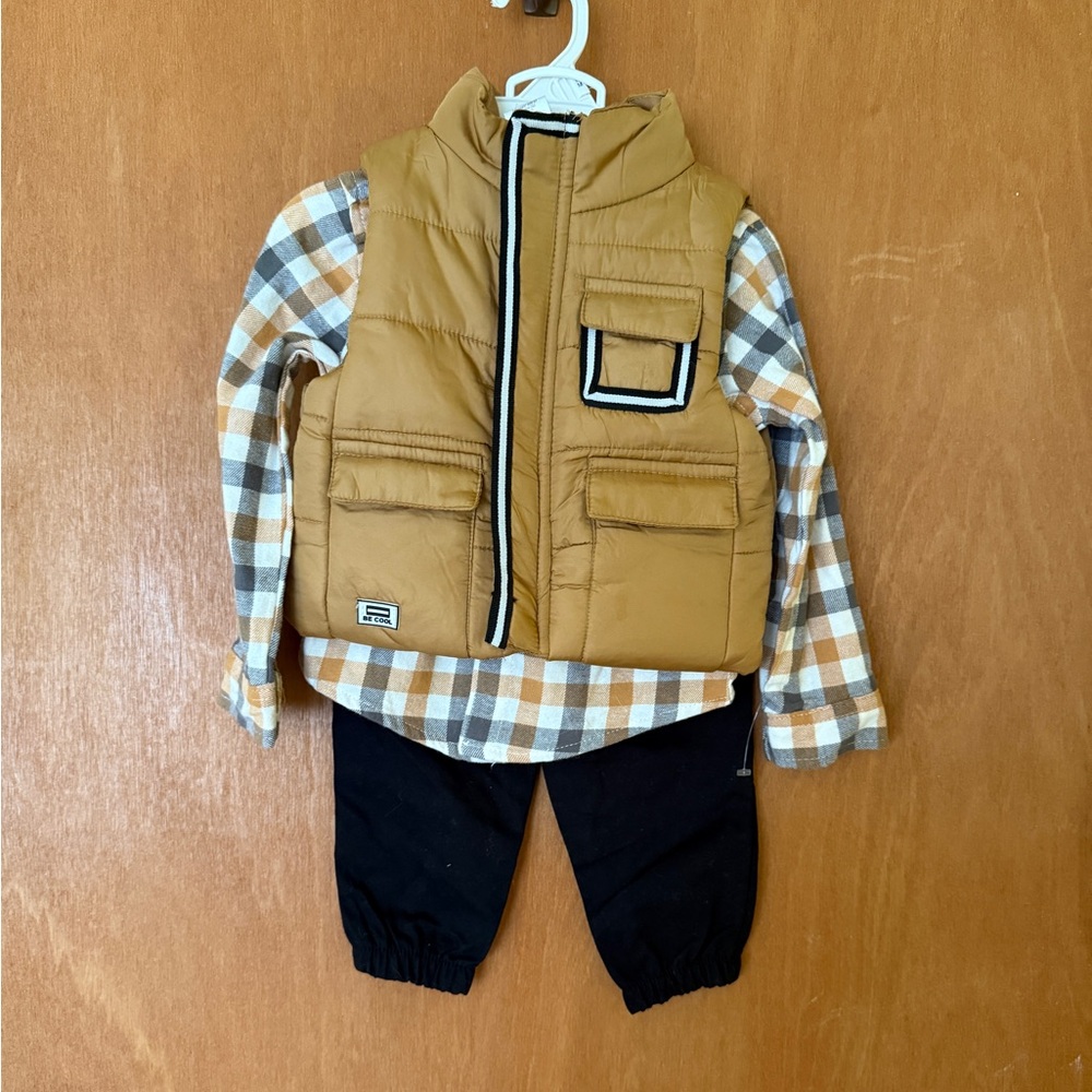 Little Lad Puffer Vest with Plaid Shirt and Black Pants Set
